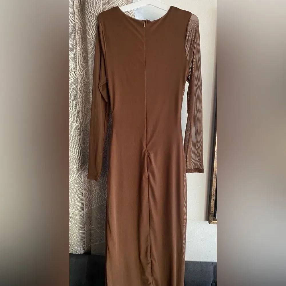 Fashion Nova Kristen Mesh Maxi Dress Brown Mesh Long Sleeve Sz Large NWT - Picture 5 of 14